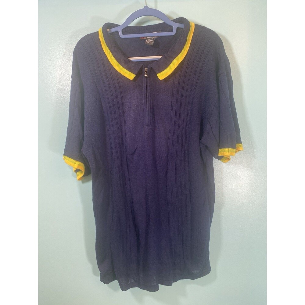 First Down VTG 80's Knit Half Zip Polo Shirt Navy Yellow Trim Made in Korea XL